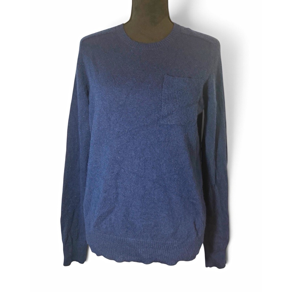 J McLaughlin 100% Cashmere Sweater Navy Blue Crewneck Chest Pocket Quiet Luxury